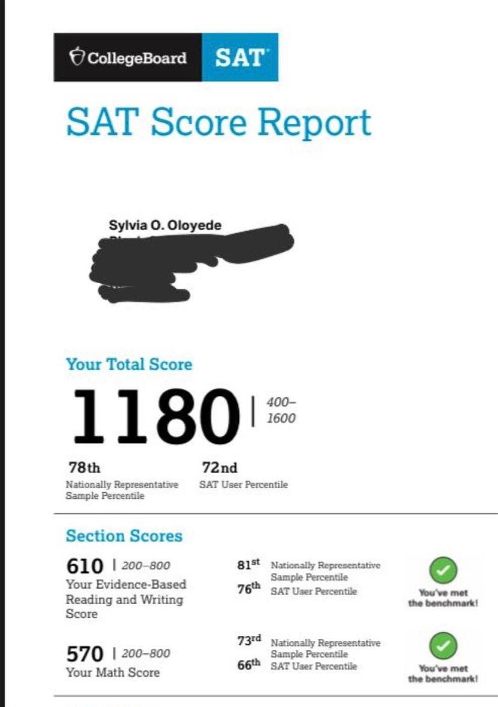 SAT results. This documents shows that I wrote the Scholastic Aptitude Test which is almost always required for admission into any American university. 
Overall, I was in the 78th National Representative Sample Percentile. In English, I was in the 81st National Representative
Sample Percentile

 