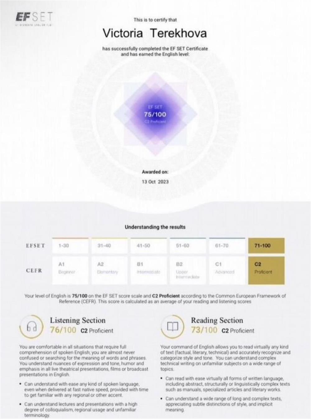 EF SET certificate 