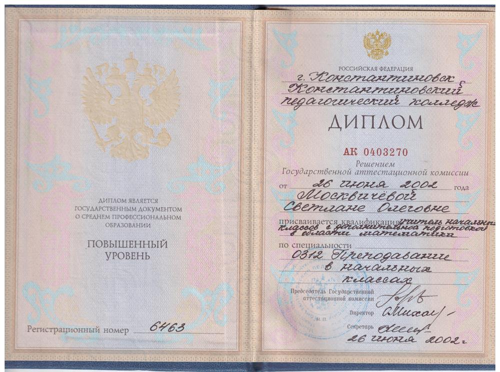 Диплом. Начальные классы с дополнительной подготовкой в области математики