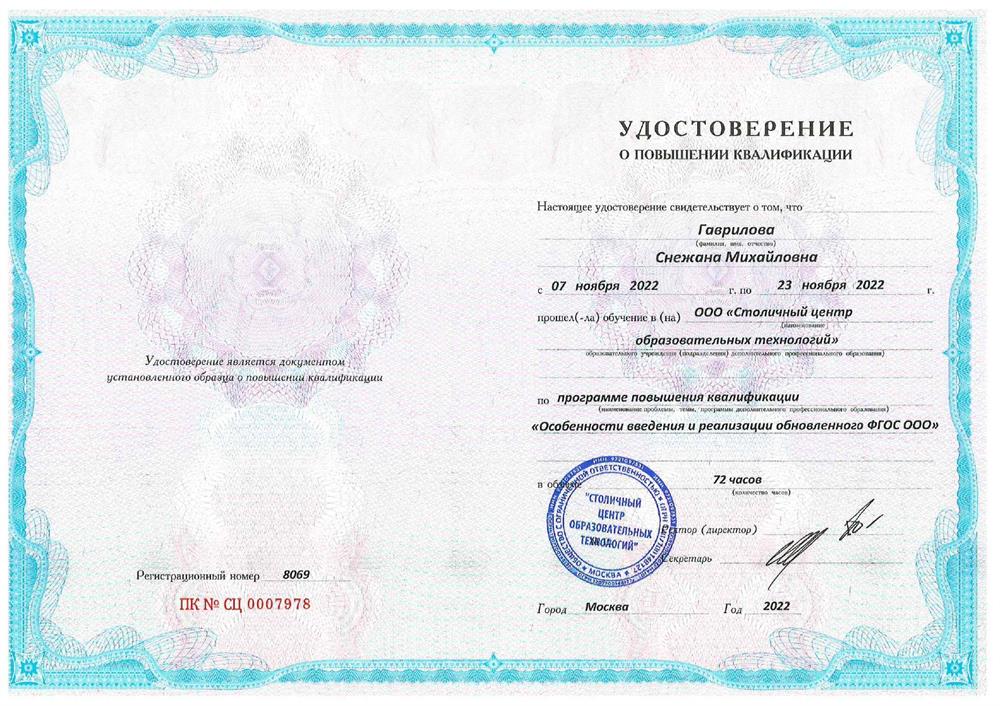 Удостоверение о повышении квалификации, 2022