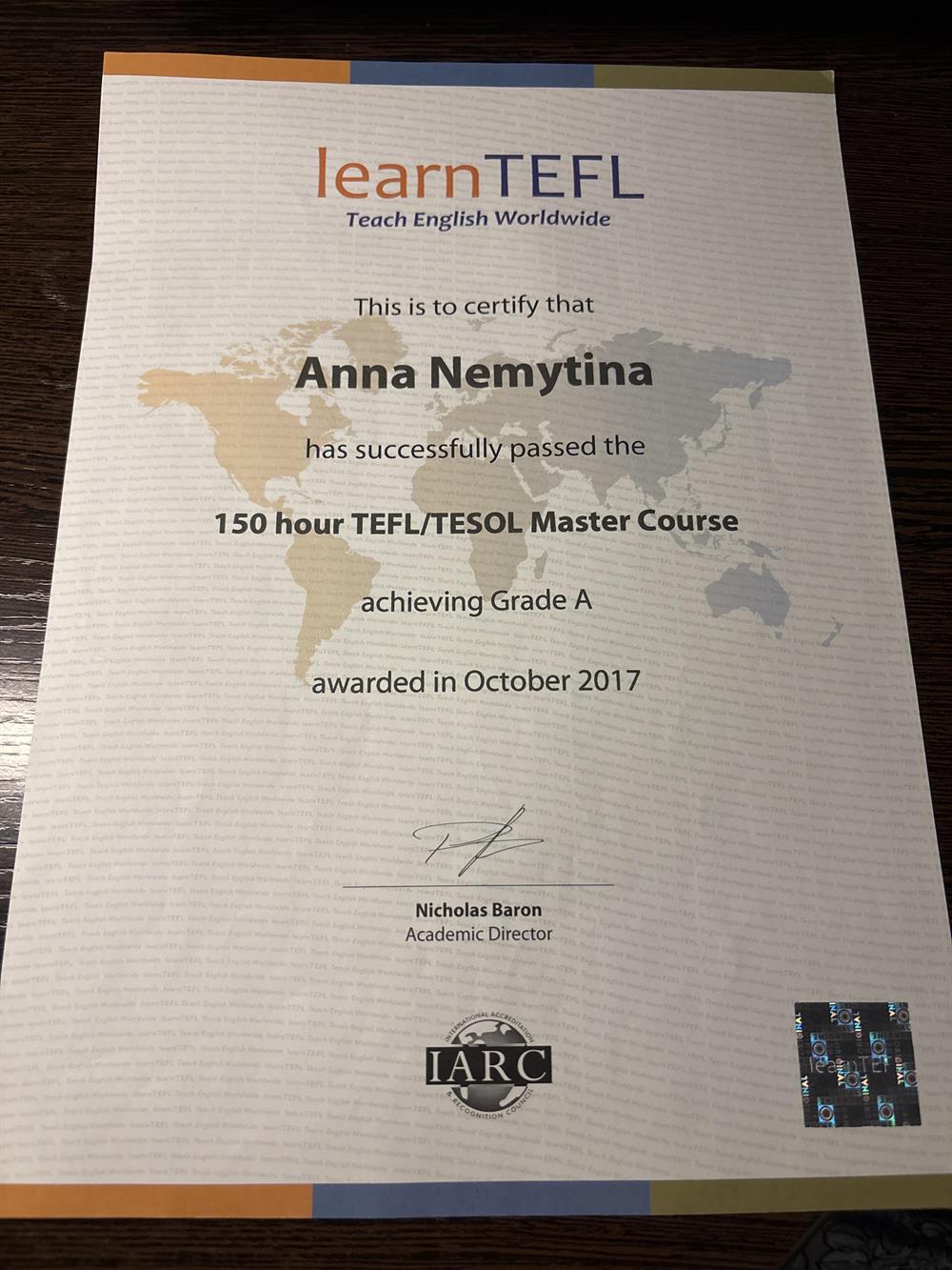Сертификат 150 hour TEFL / TESOL Master Course 
