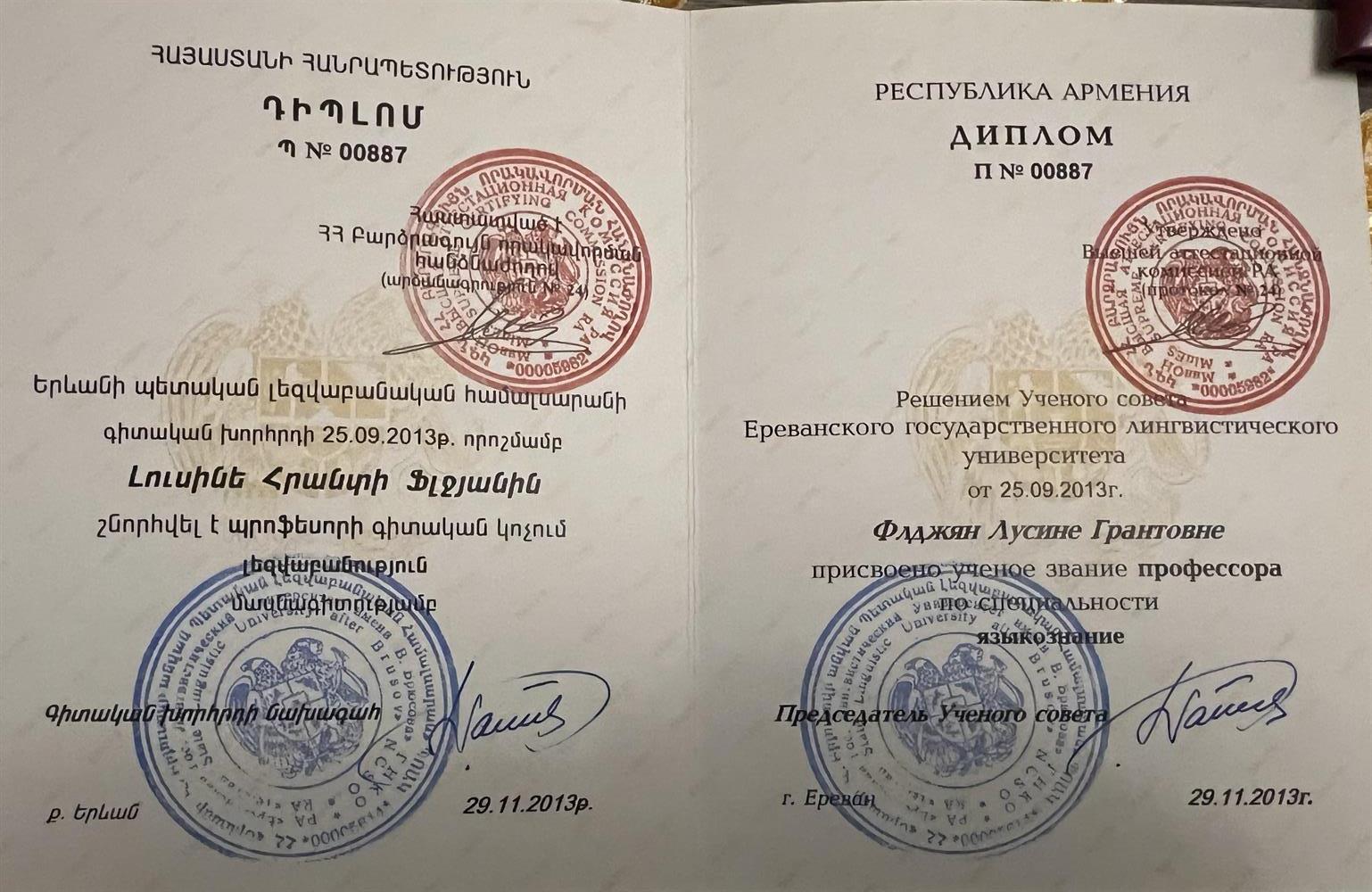 Диплом профессора по специальности «Языкознание»