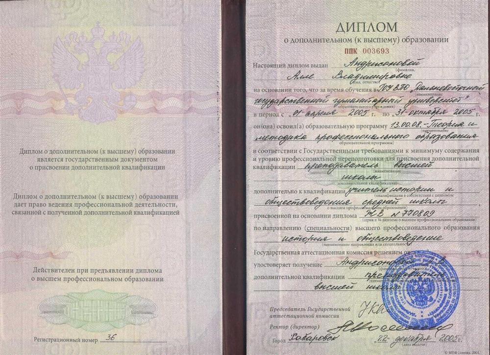 Диплом о дополнительном образовании 2005 г.