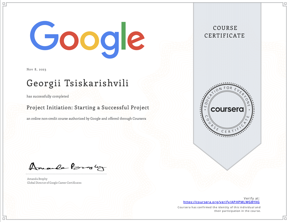 Google course "Project Initiation: Starting a Successful Project"