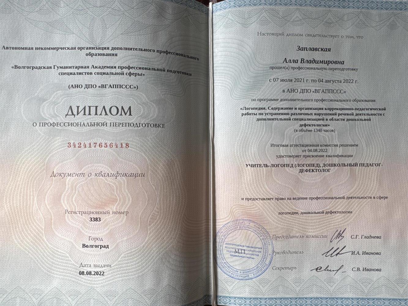 Диплом о профессиональной переподготовке  от 04.08.2022