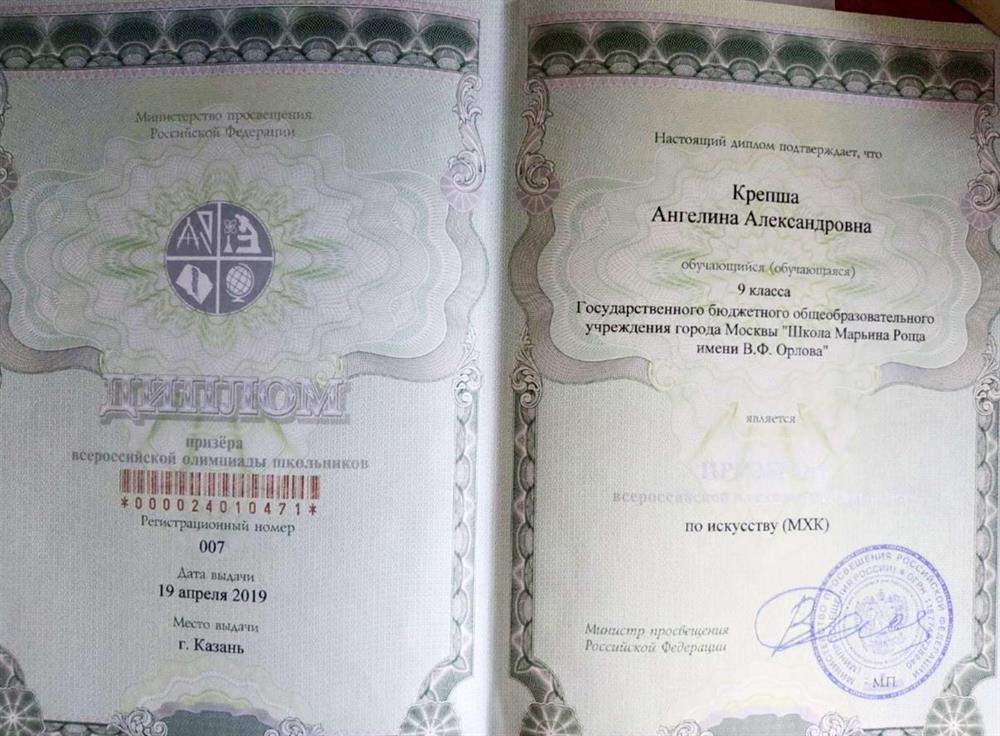 Диплом Призера ВСОШ по МХК 
