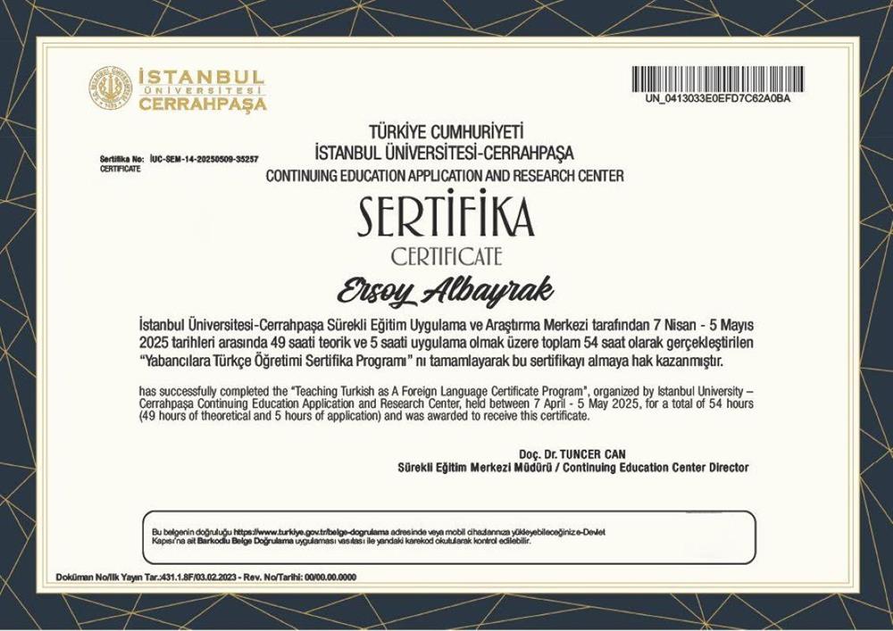 Istanbul University, Преподавание турецкого языка как иностранного,Сертификат