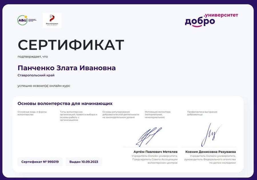 Сертификат об успешном освоении волонтерской деятельности 