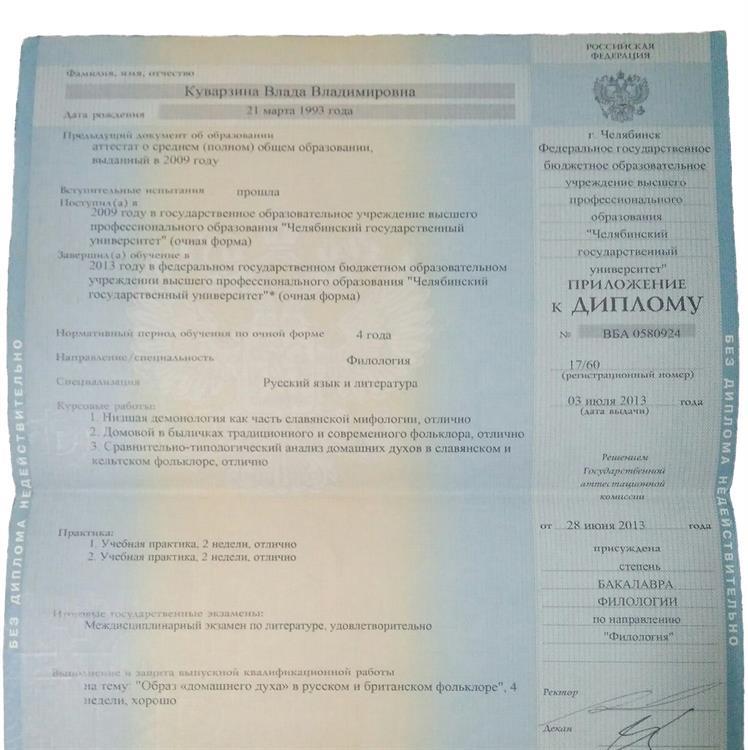 Приложение к диплому (основное образование)
