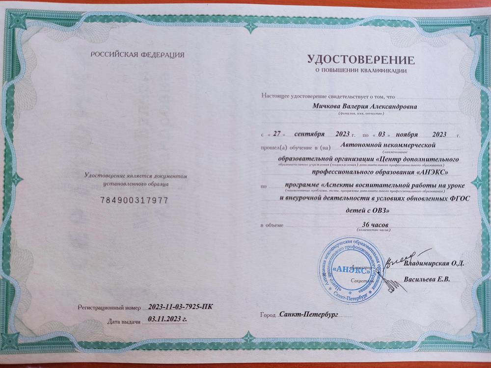 Удостоверение о повышении квалификации, внеурочка