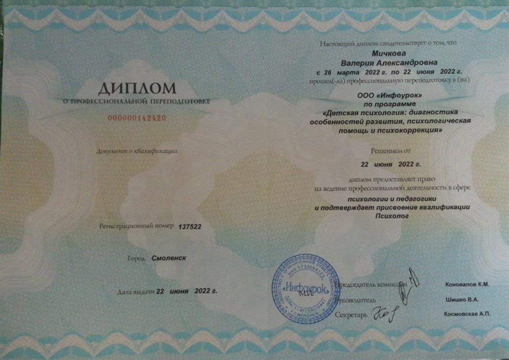 Диплом о профессиональной переподготовке, психология