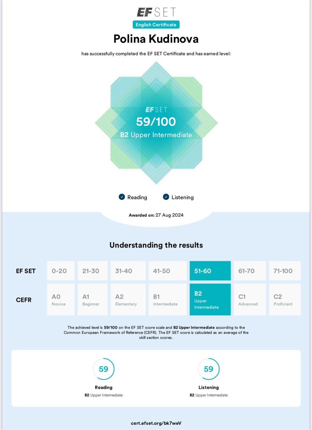 EF Set Certificate (B2- Upper- intermediate)