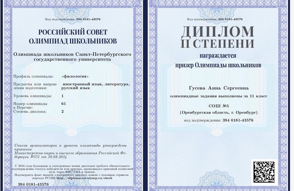Диплом олимпиады Санкт-Петербургского государственного университета по филологии