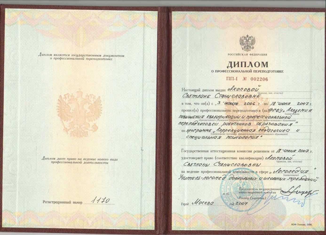 ФГОУ Академия повышения квалификации и профессиональной переподготовки работников образования. Москва 2007г. Коррекционная педагогика и специальная психология. Учитель логопед.