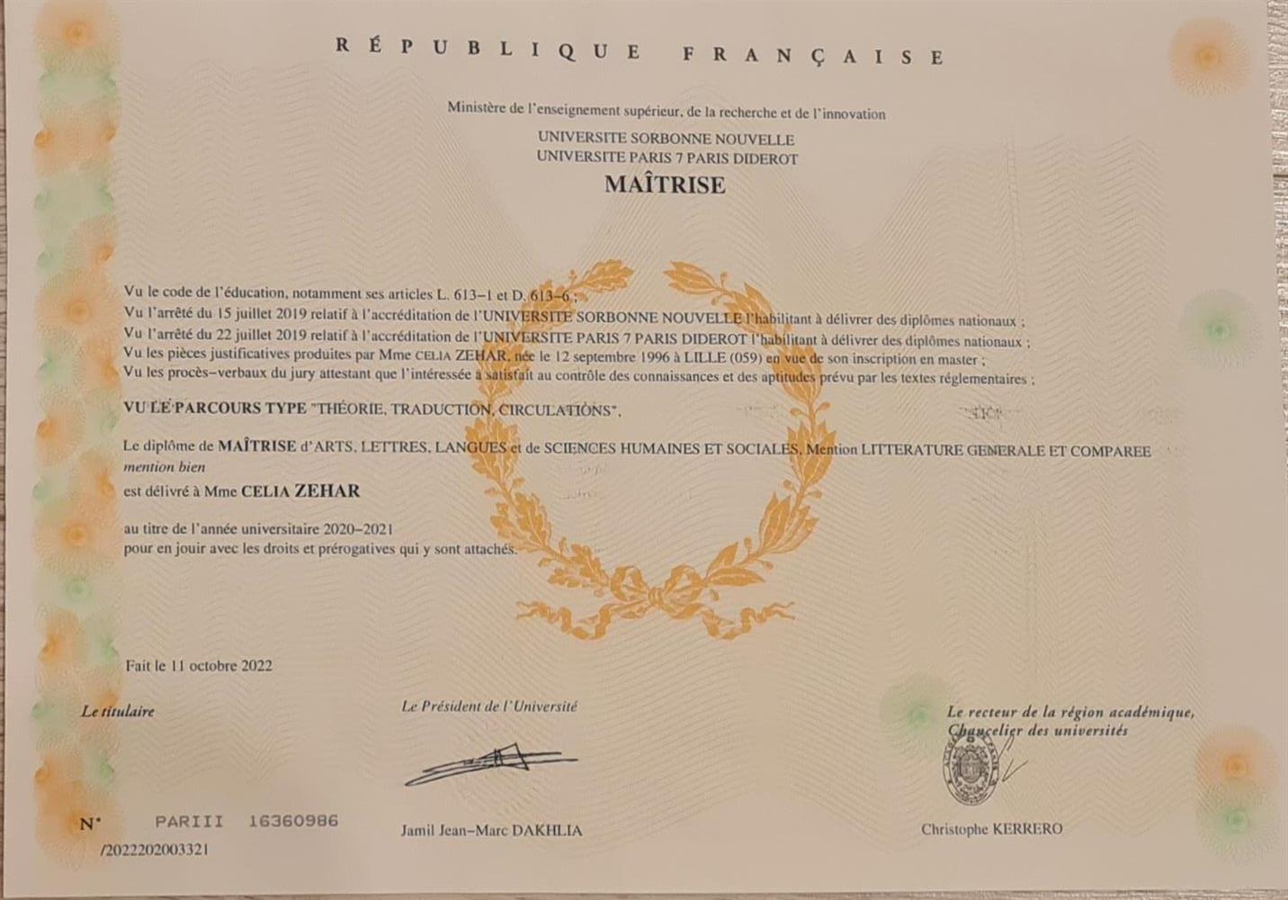 Maitrise en litterature comparee a la Sorbonne 