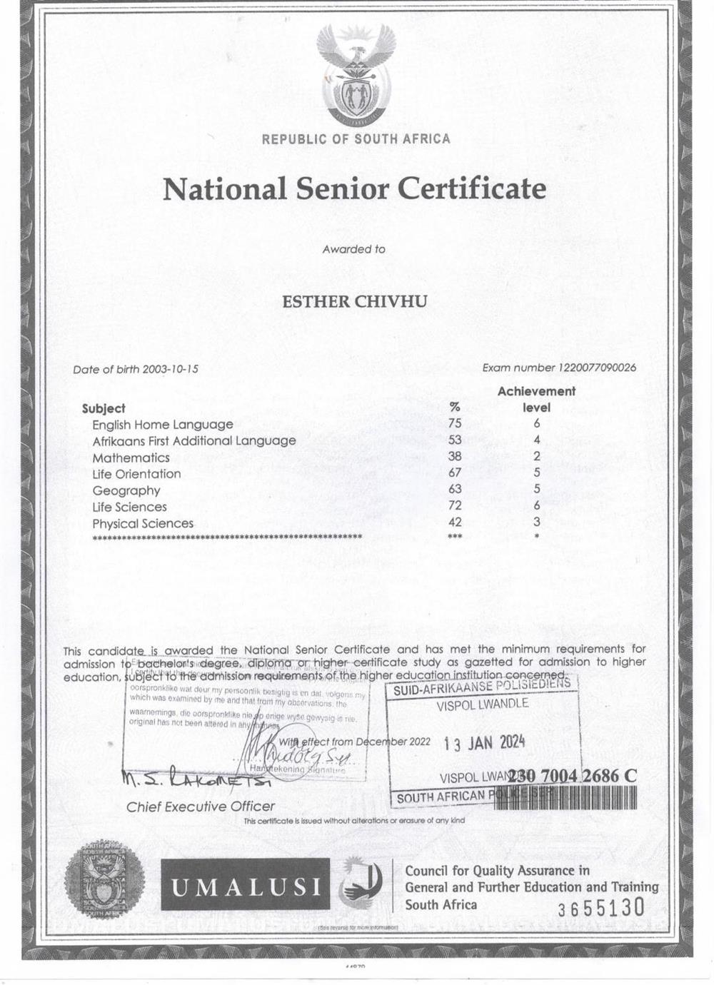 Final school year result certificate from South Africa with English language being my first language