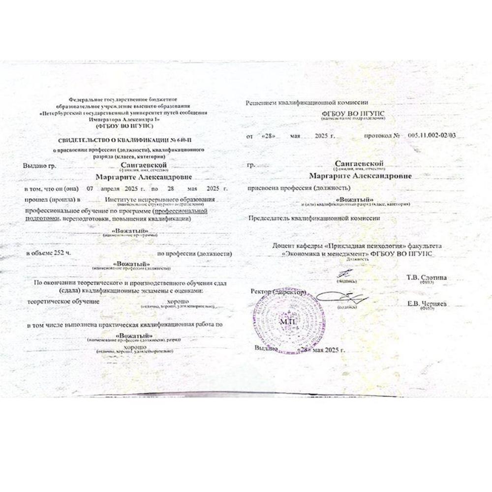 Свидетельство о квалификации N? 610-11 о присвоении профессии (должности), квалификационного разряда по программе  "Вожатый"