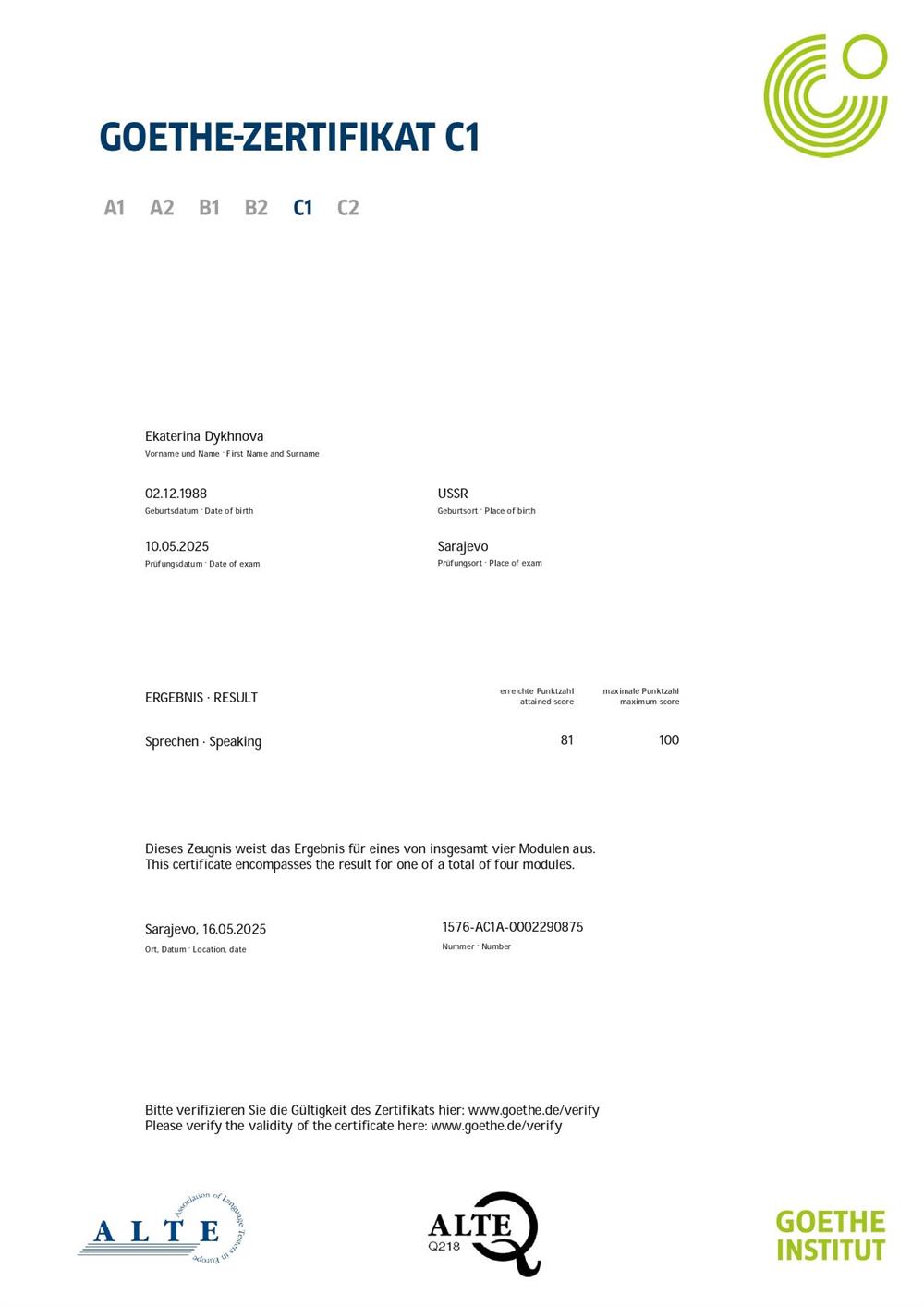 goethe zertifikat C1 sprechen usw