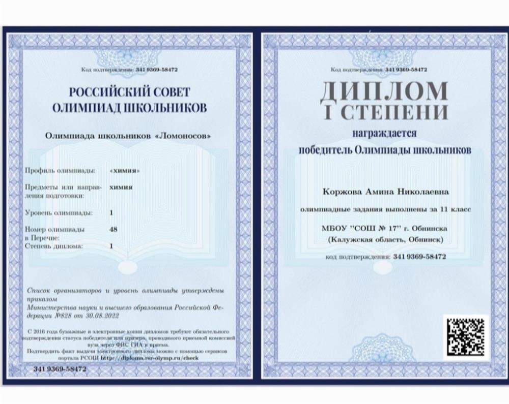 Победитель олимпиады первого уровня "Ломоносов"