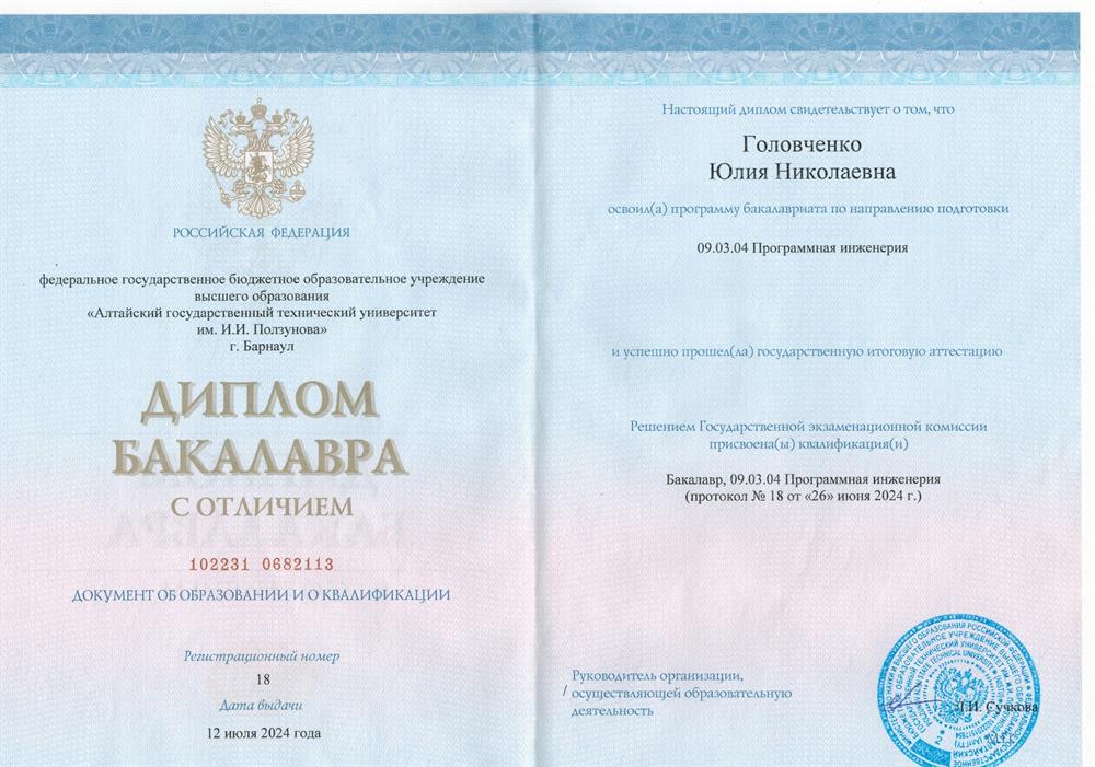 Бакалавр. Инженер программист. Диплом с отличием.
