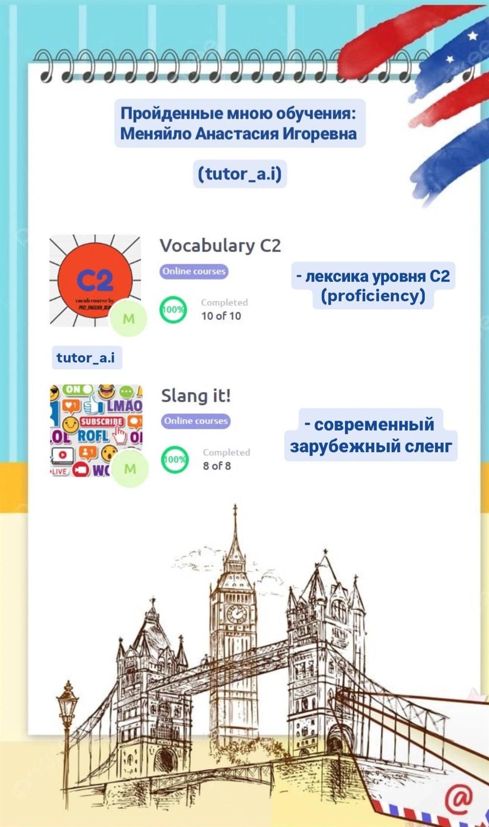 Обучение по лексике уровня С2 (Proficiency) в объёме 10 уроков, которое было пройдено в "Blin!Academy"
и
Обучение по современному зарубежному сленгу в объёме 8 уроков, которое было пройдено в "Blin!Academy"