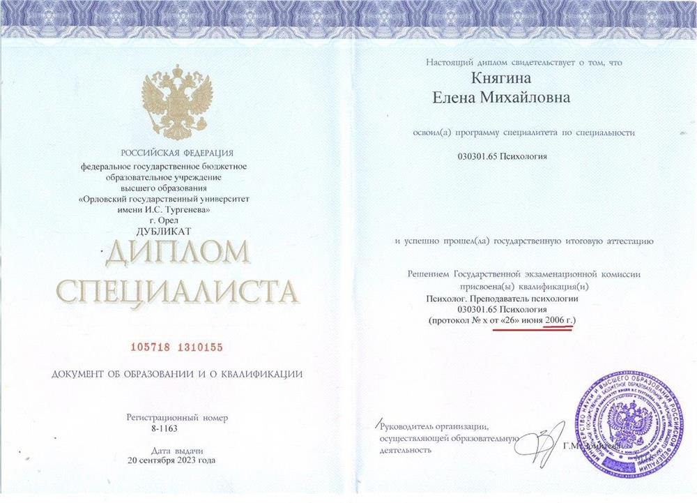 Диплом. Высшее психолого-педагогическое образование