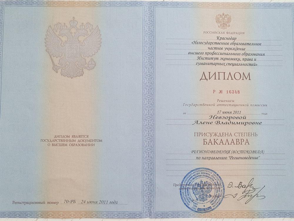Диплом бакалавра по направлению Регионоведение (Востоковедение)