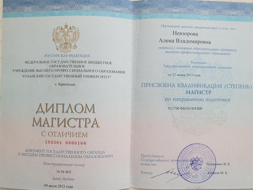 Диплом магистра по направлению Филология
