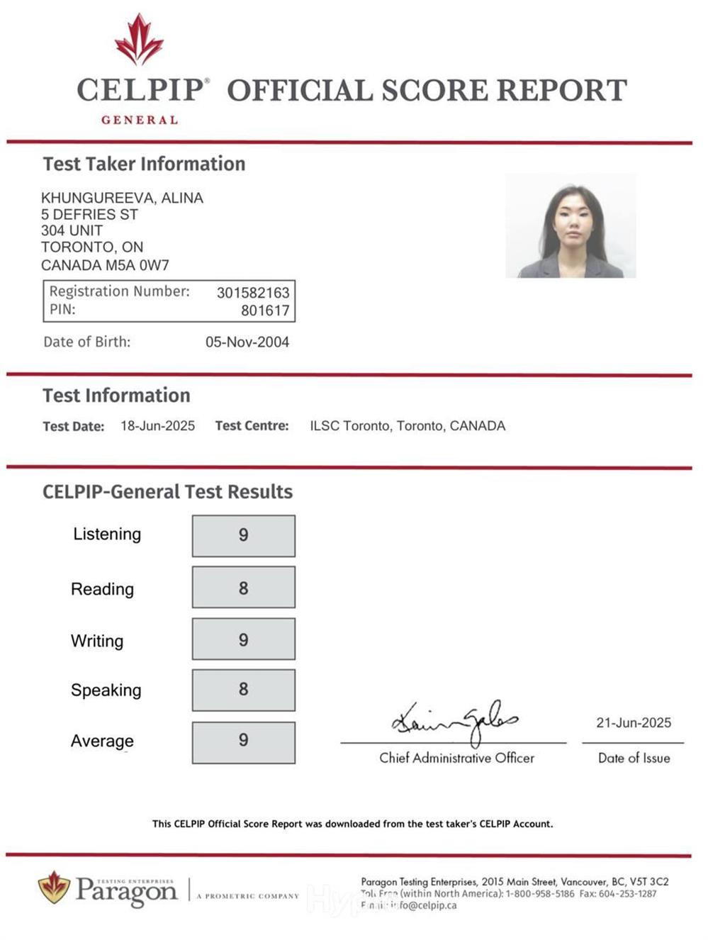 Имею подтверждённый результат экзамена CELPIP (Canadian English Language Proficiency Index Program), что подтверждает высокий уровень владения английским языком