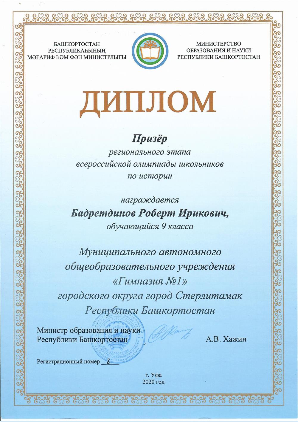 Диплом Призёра регионального этапа всероссийской олимпиады школьников по истории (9 класс, 2020 год)