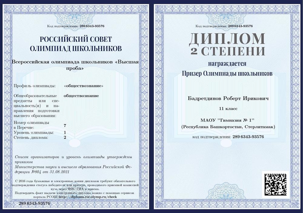 Диплом 2 степени Призёра Всероссийской олимпиады школьников "Высшая проба" по обществознанию (11 класс, 2022 год)
