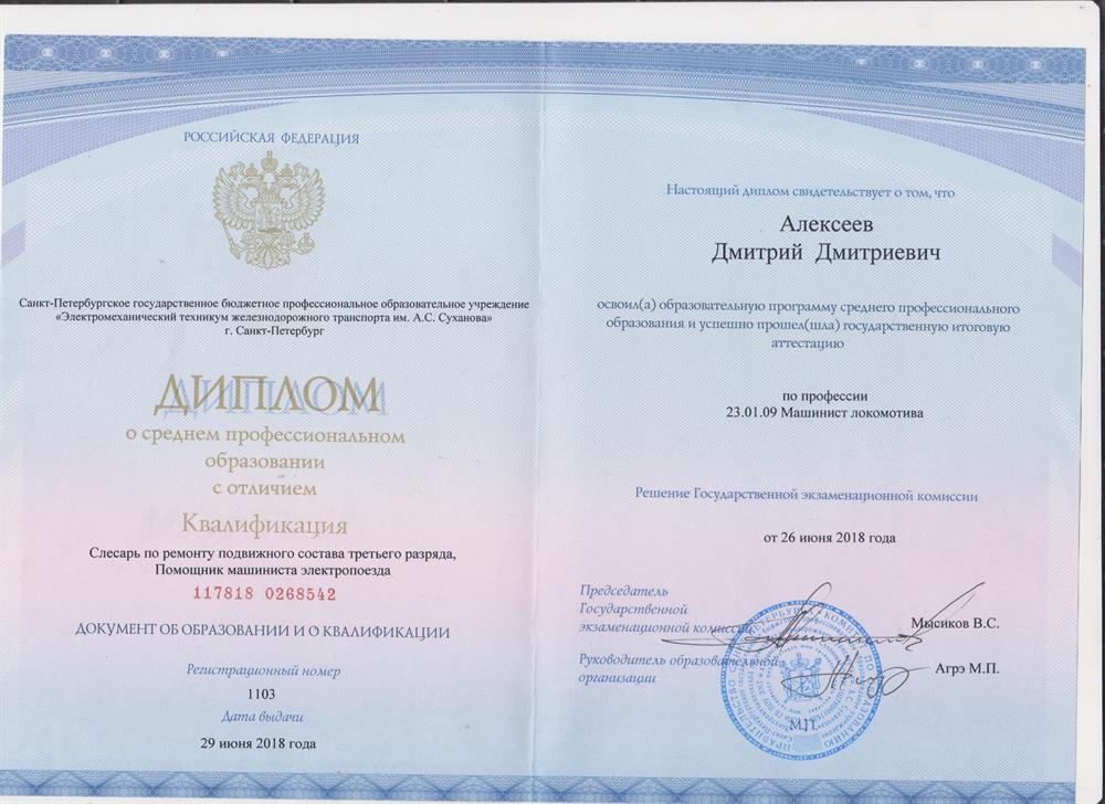 Диплом СПО по профессии Машинист локомотива