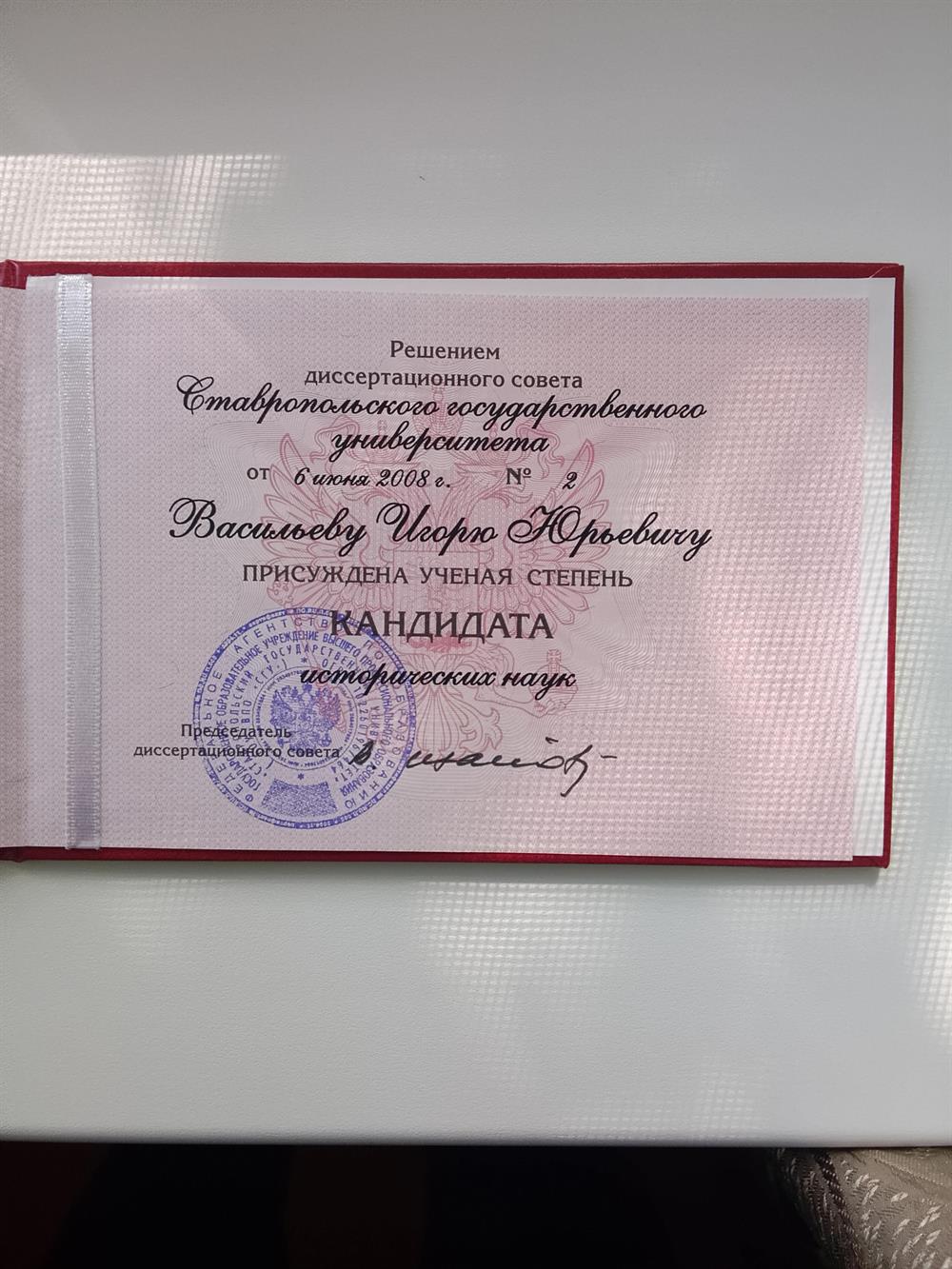 Диплом кандидата наук И. Ю. Васильева