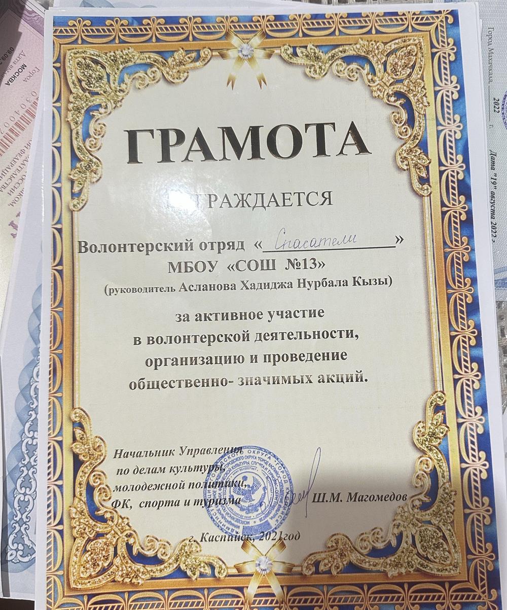 Грамота от директора школы 