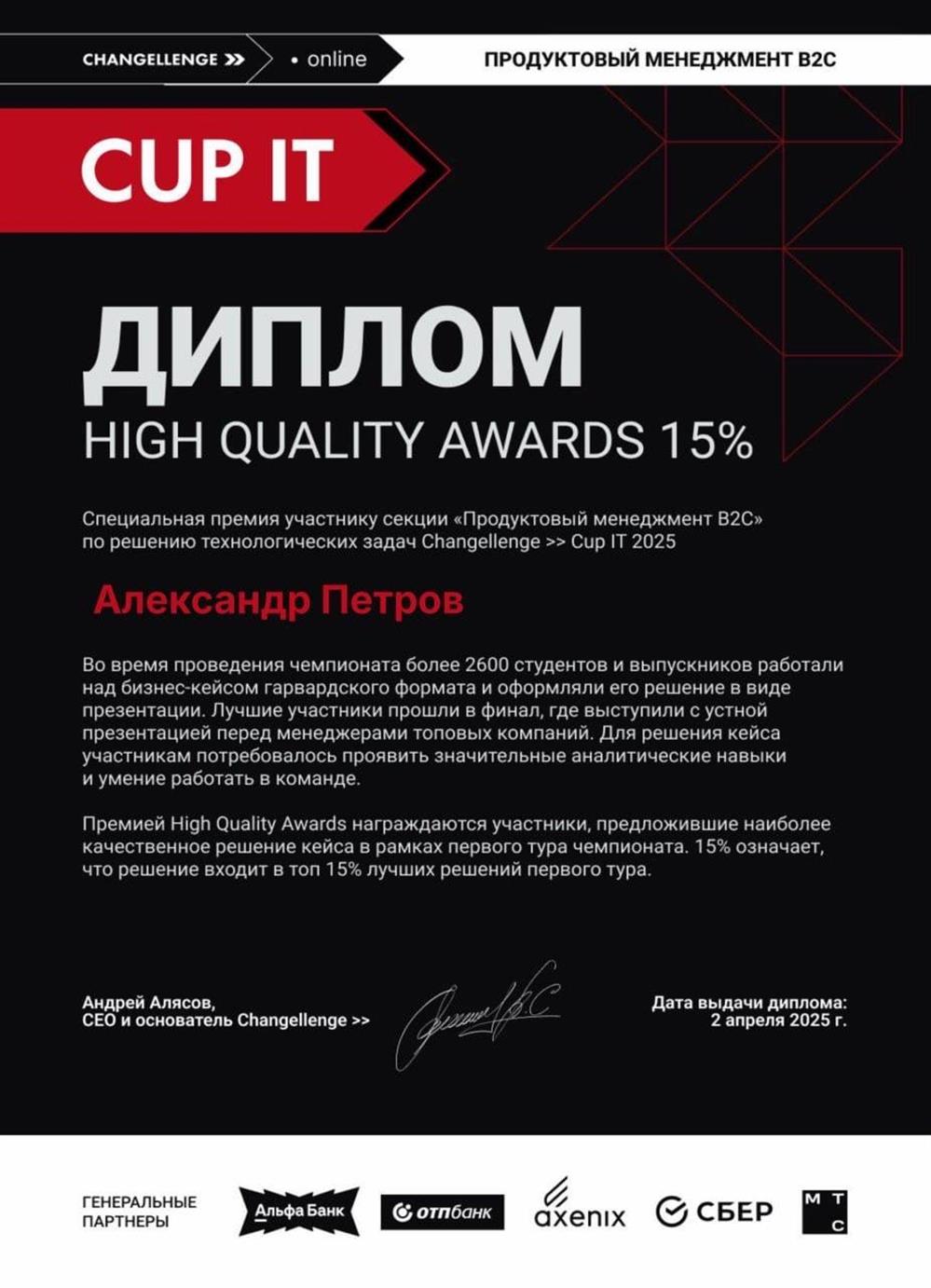 Диплом чемпионата Changellenge
