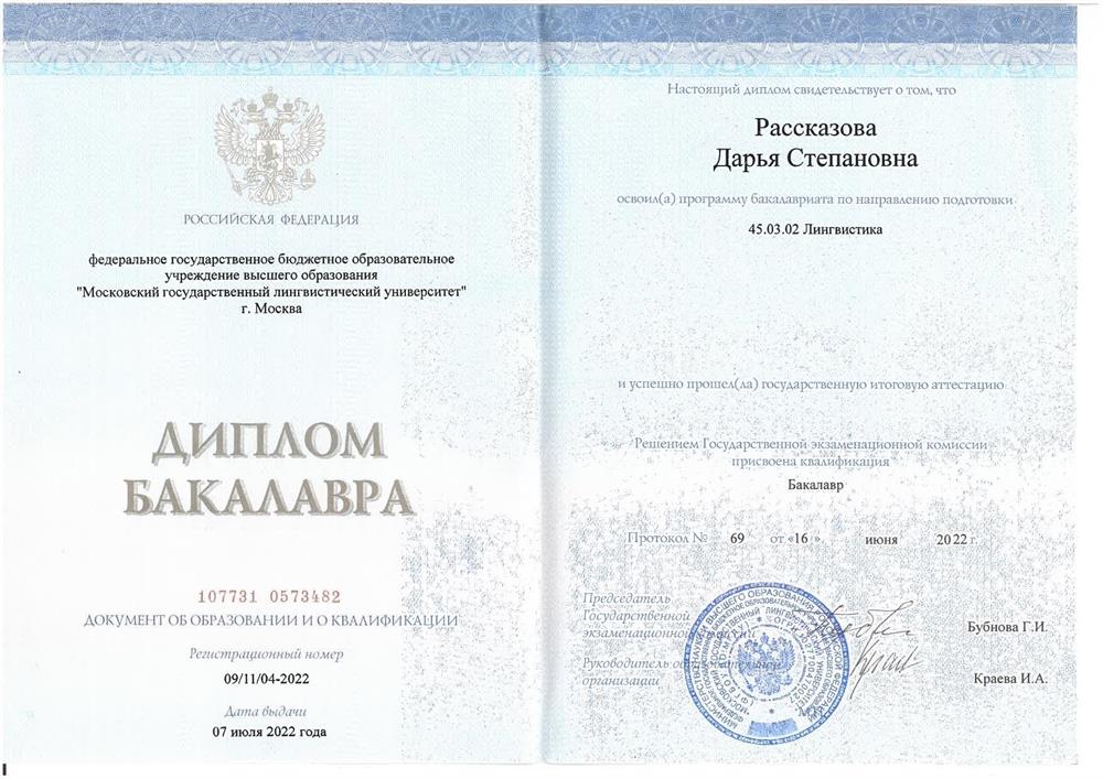 Диплом бакалавра Московского Государственного Лингвистического Университета 