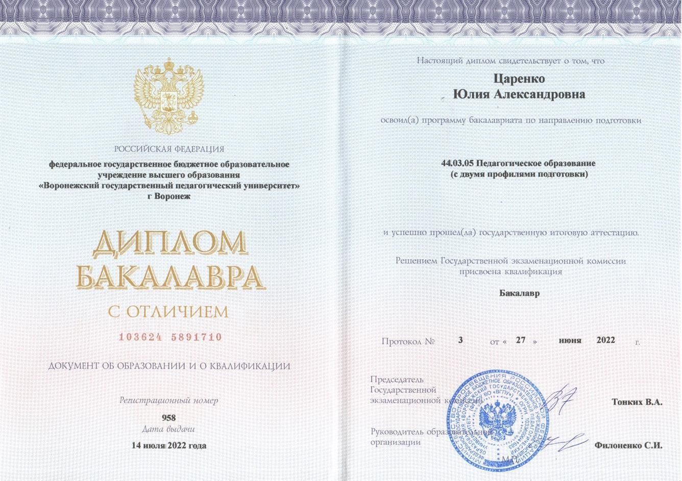 Диплом бакалавриата с отличием. 