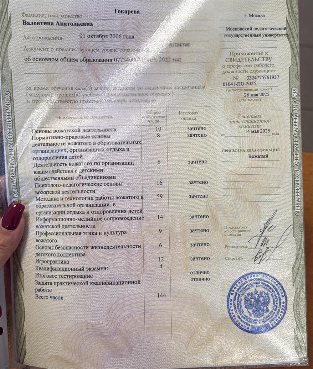 Приложение к свидетельству, эпоофисилнальная должность служащего Вожатый
