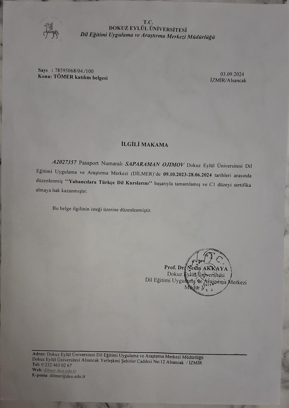 Dokuz Eylul Universitesi Dil Egitimi Uygulama ve Arast?rma Merkezi Mudurlugu