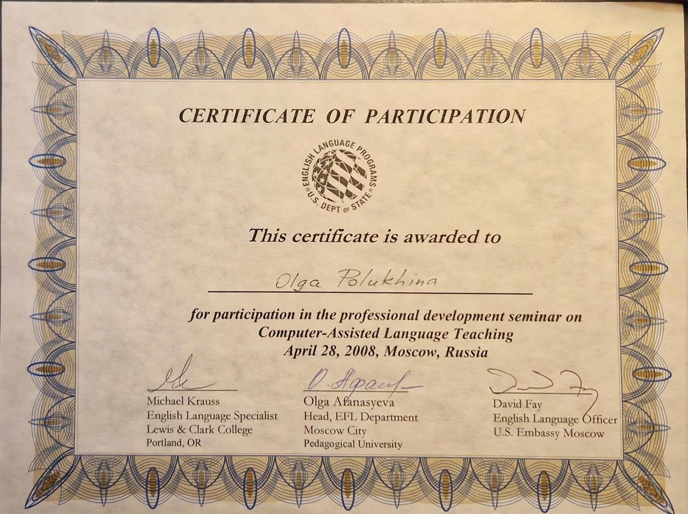 Certificate of participation "Computer-Assisted Language Teaching"