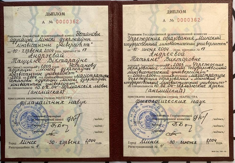 Диплом об окончании магистратуры МГЛУ