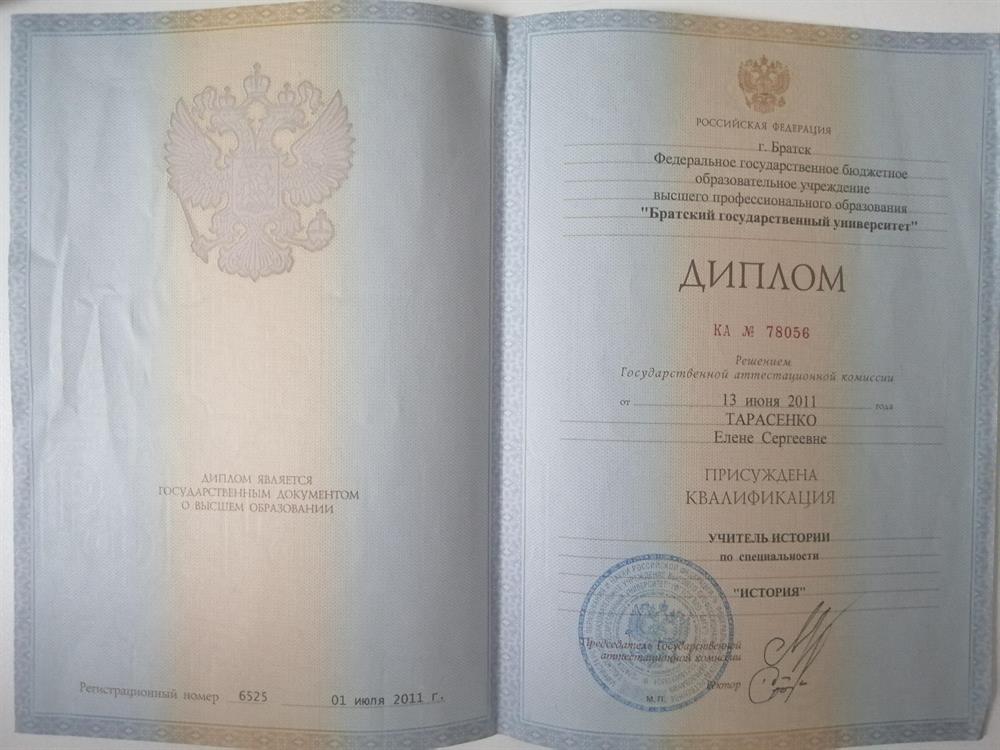 "Братский государственный университет", учитель истории, 2011