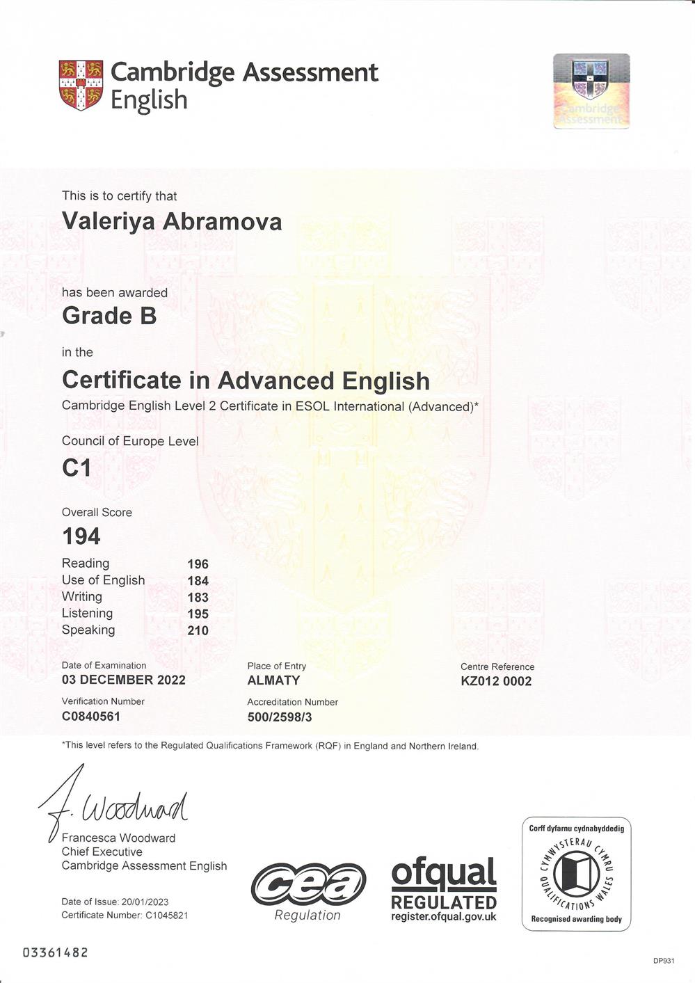 Certificate in Advanced English 