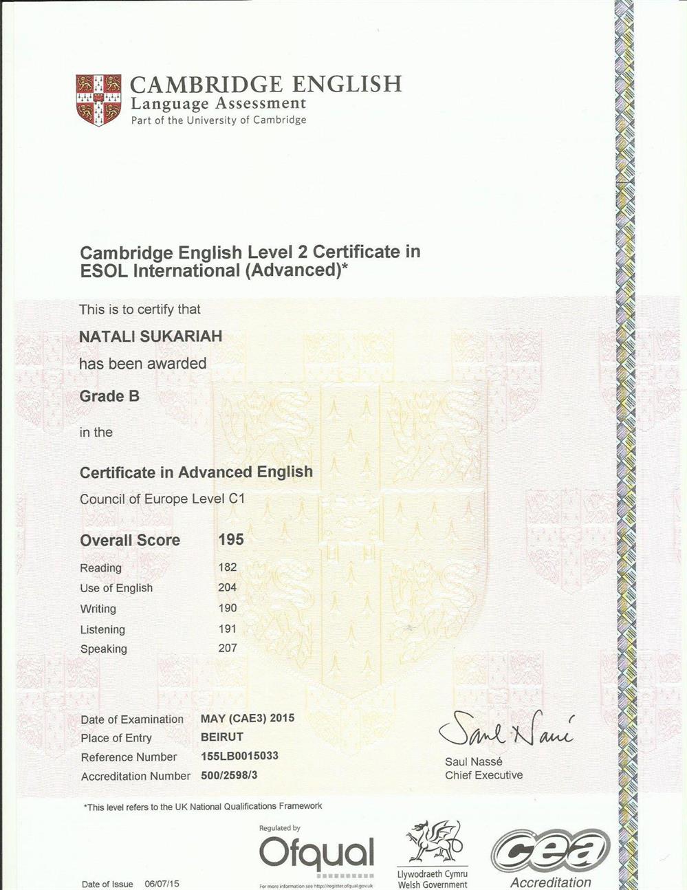 Certificate: Cambridge Advanced English
