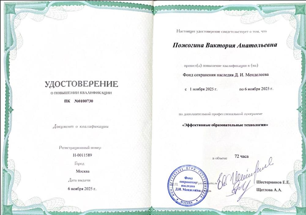Повышение кваливикации по дополнительной профессиональной программе
«Эффективные образовательные технологии»