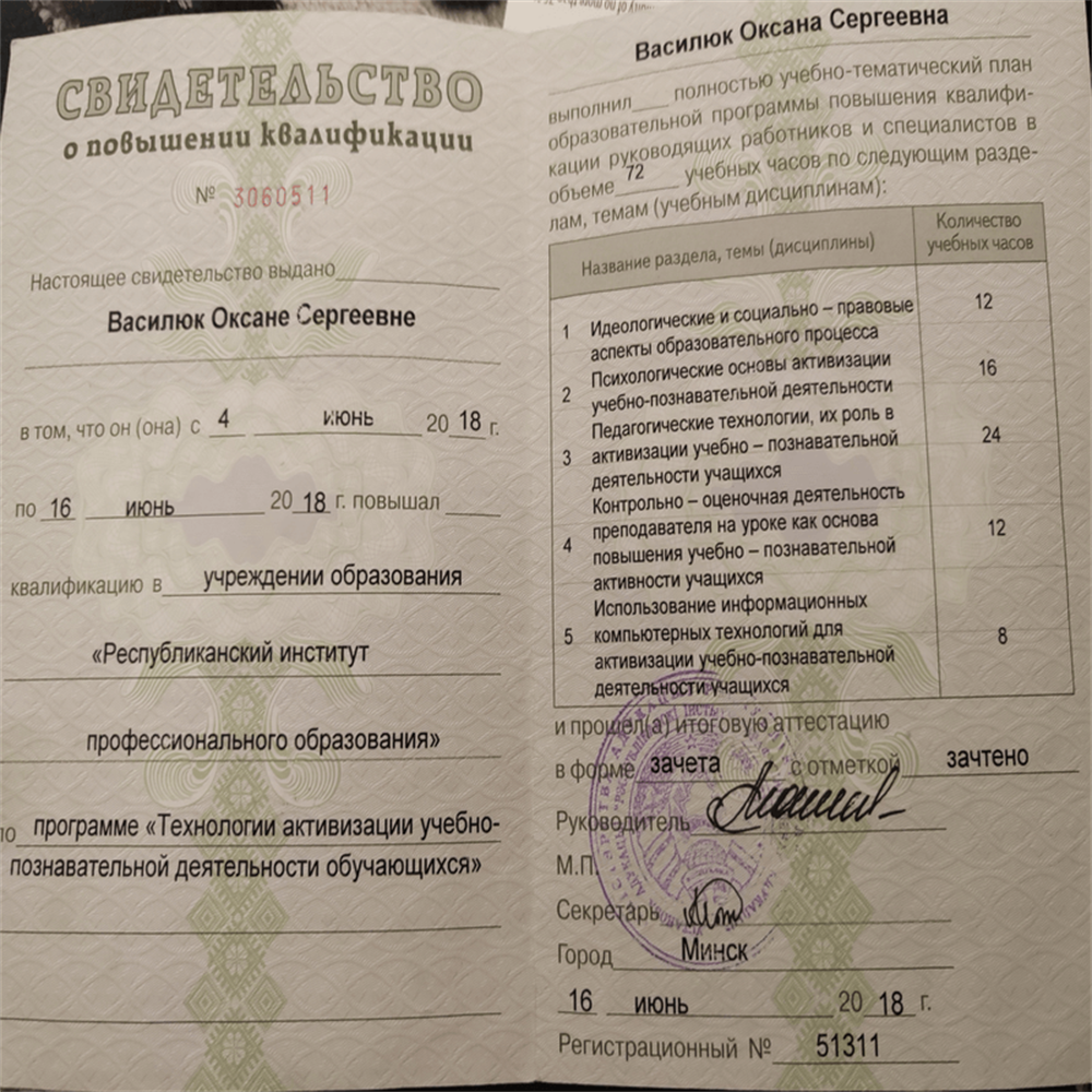 Свидетельство о повышении квалификации
