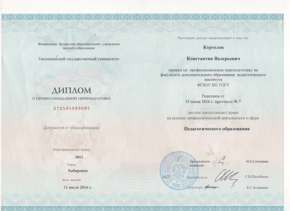 Диплом о профессиональной подготовке обществознания.