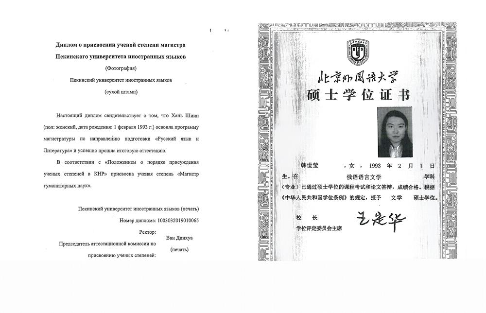 диплом магистатуры Пекинского универчитета иностранных языков