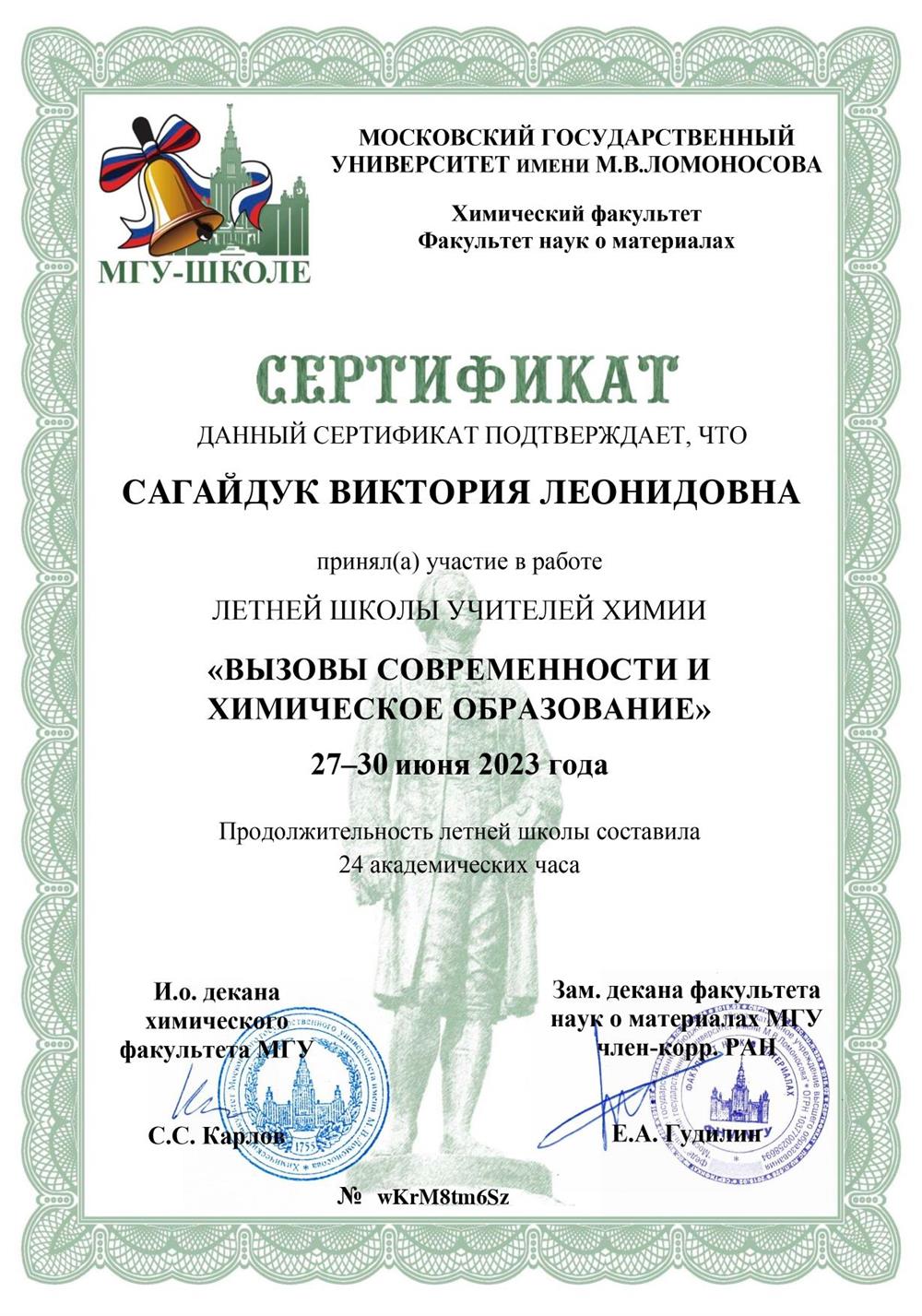 Сертификат участника летней школы учителей химии 2023