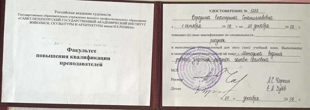 Диплом института им И. Е. Репина (факультет повышения квалификации преподавателей) . С отличием. 